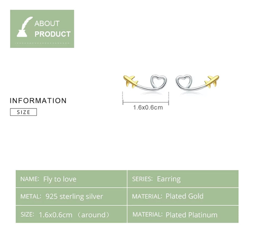 Sterling 925 Airplane/Heart Stud Earring