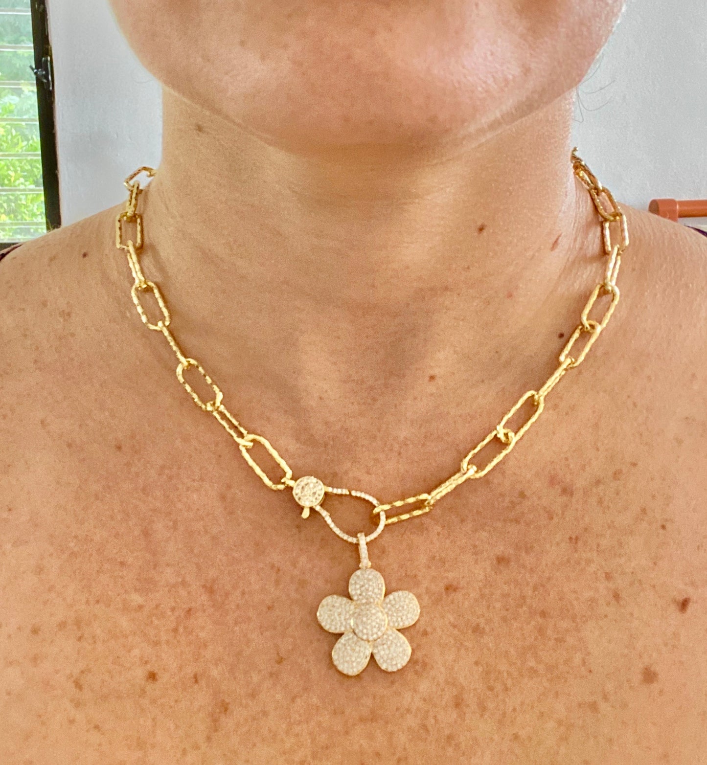 Flower Pendant Link Brass Necklace