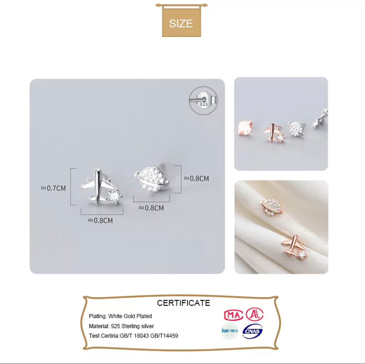 Sterling 925 Airplane/Planet Stud Earring (Rose Gold)