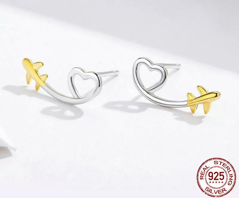 Sterling 925 Airplane/Heart Stud Earring