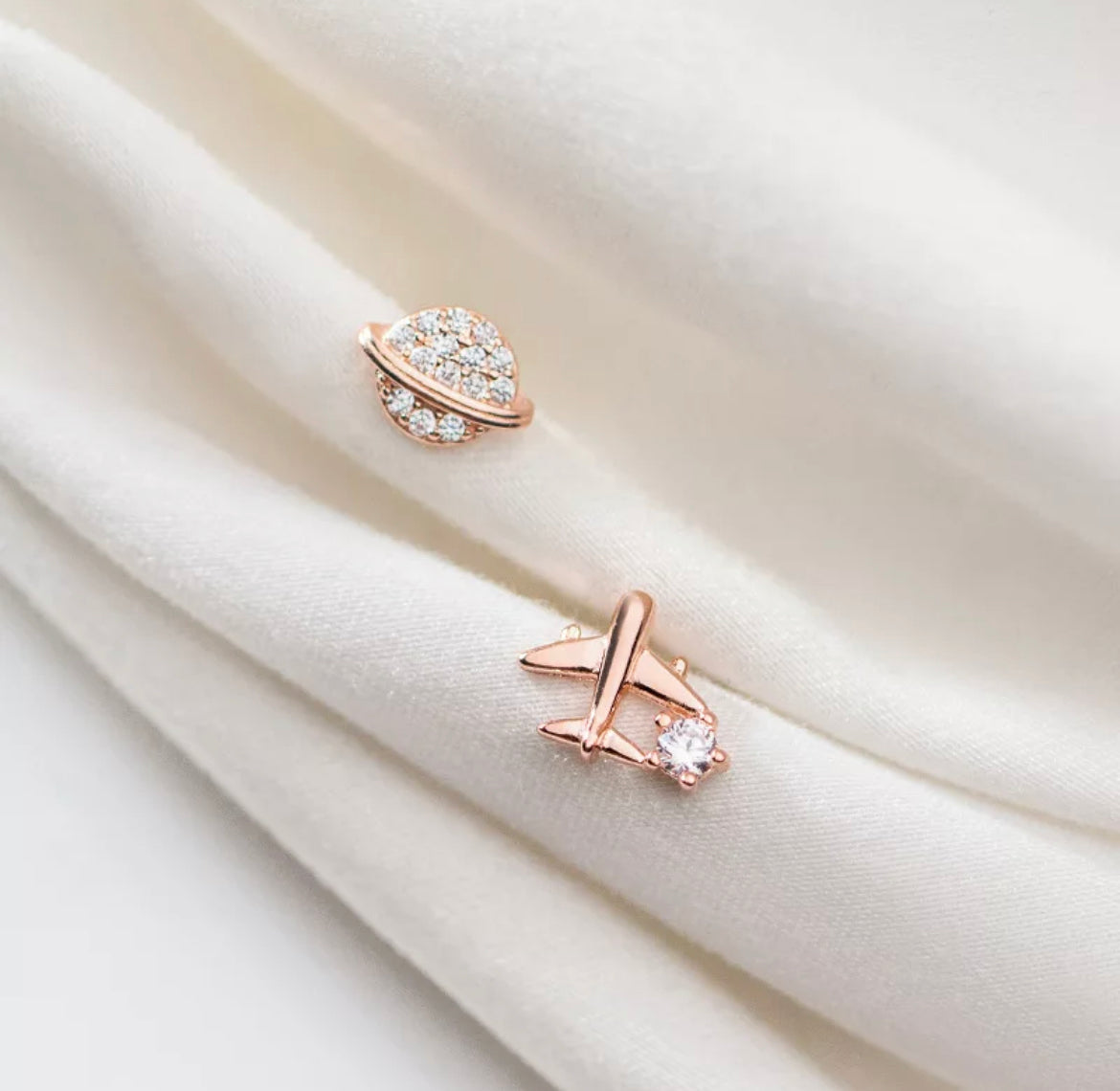 Sterling 925 Airplane/Planet Stud Earring (Rose Gold)